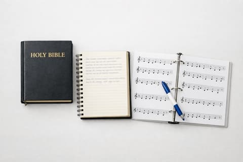 A Holy Bible, a lined notebook, and an open sheet music book laid out together